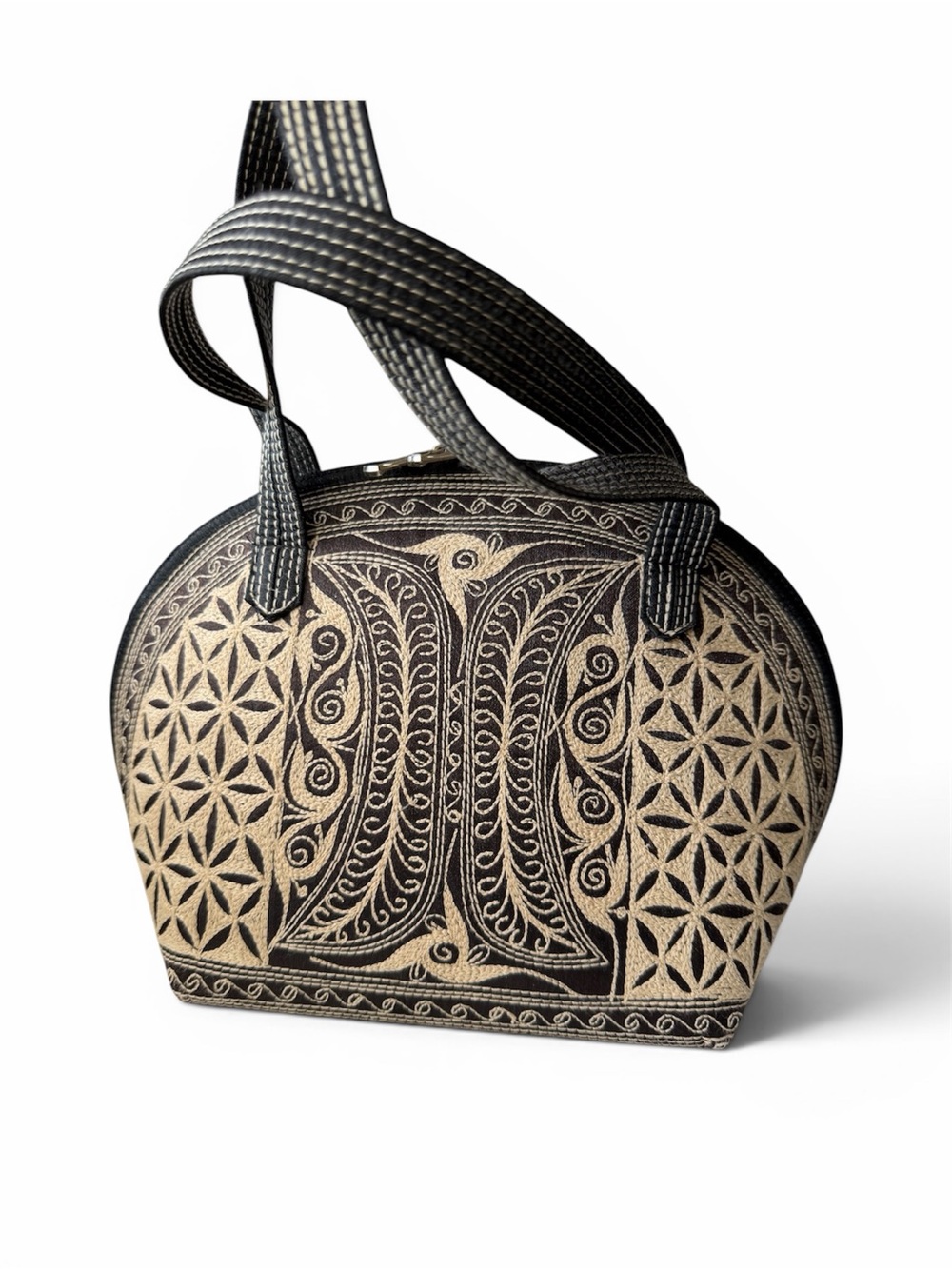 Black and Tan Embroidered Satchel - Women Bags